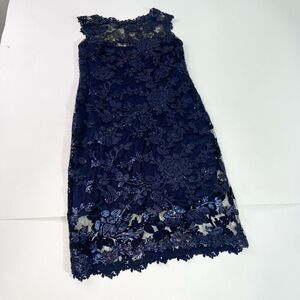 Tadashi Shoji Sheath Dress Womens Blue Size 12 Sequin Lace Illusion Boat Neck